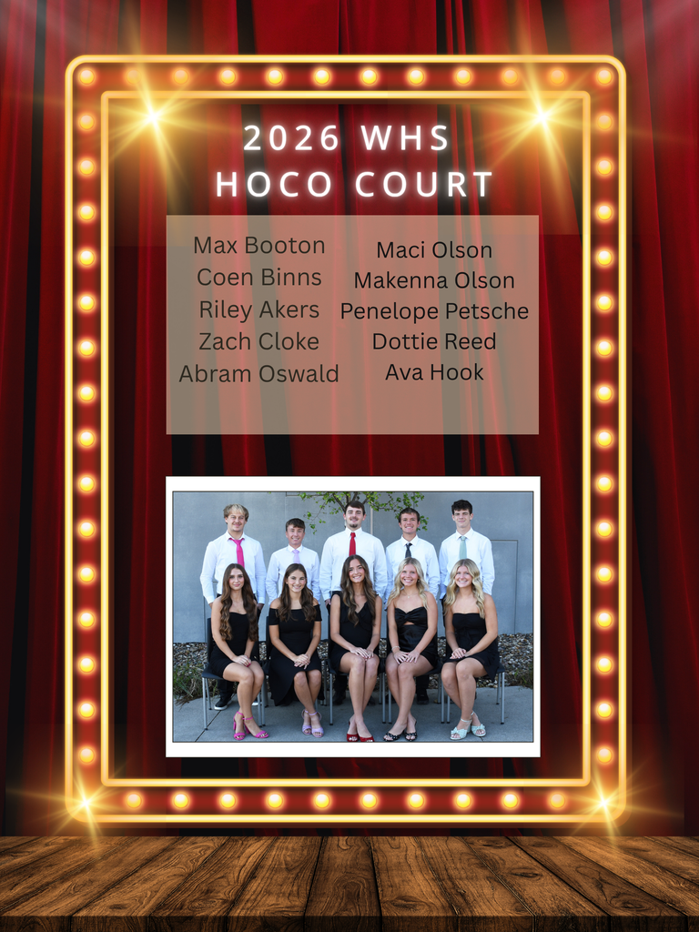 Display with a red backdrop and a spotlight border shows the 2026 West High School Homecoming Court. Names are listed above a photo of students.