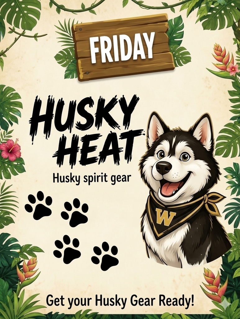 A poster with a husky dog wearing a bandana, paw prints, and a wooden sign reading "Friday" and "HUSKY HEAT".