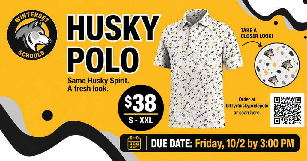 Bright yellow ad for "Husky Polo". The shirt is white with black dots. Price is $38. Available sizes S-XXL. Due date: Friday, 10/2 by 3:00 PM.