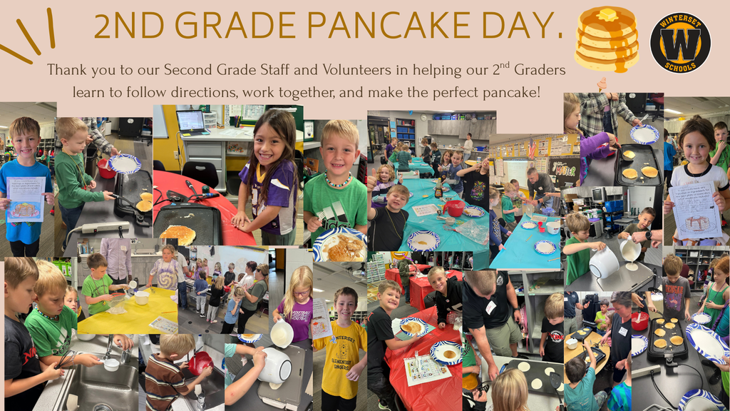 Collage of kids in a classroom learning to make pancakes, with a backdrop of bright colors and decorations.