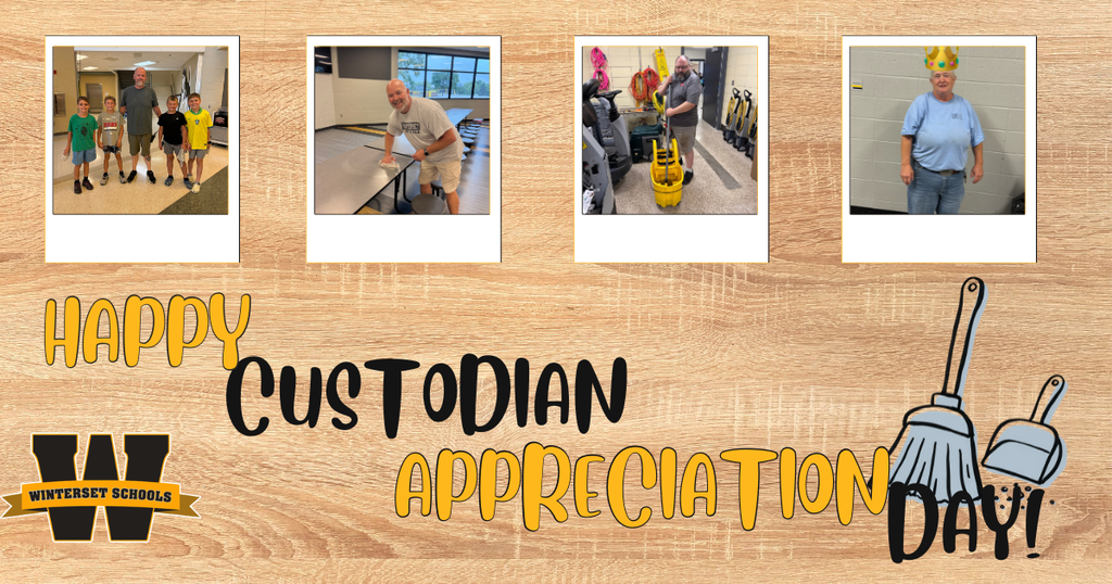 A collage of four photos showing various people. Below, text reads "Happy Custodian Appreciation Day!" with a broom.