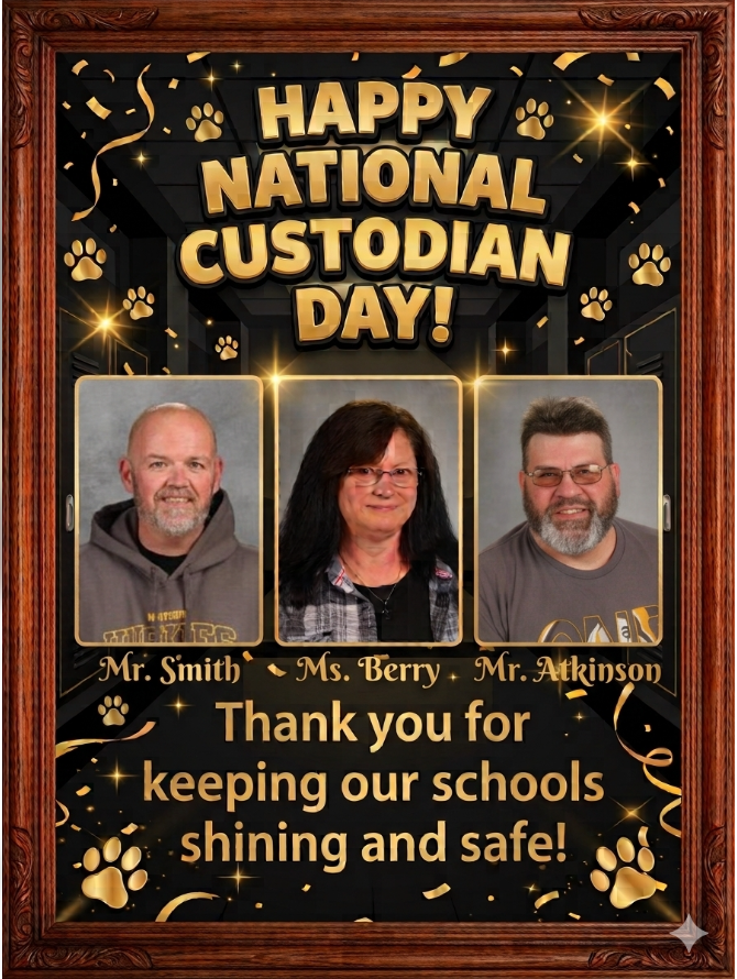 Three custodians are shown in a framed picture. They wear winter coats and glasses. The picture has a message that reads "Happy National Custodian Day!"