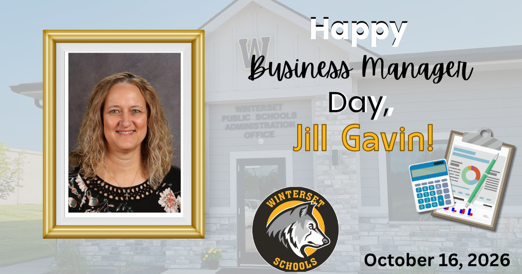 A poster with a photo of a woman, text, and a school logo. Text reads "Happy Business Manager Day, Jill Gavin!"