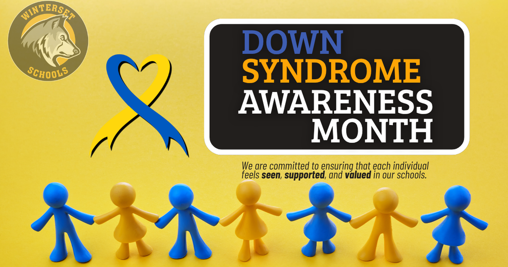 Blue and yellow ribbon and logo with text. Blue and yellow figures holding hands. Background is yellow.