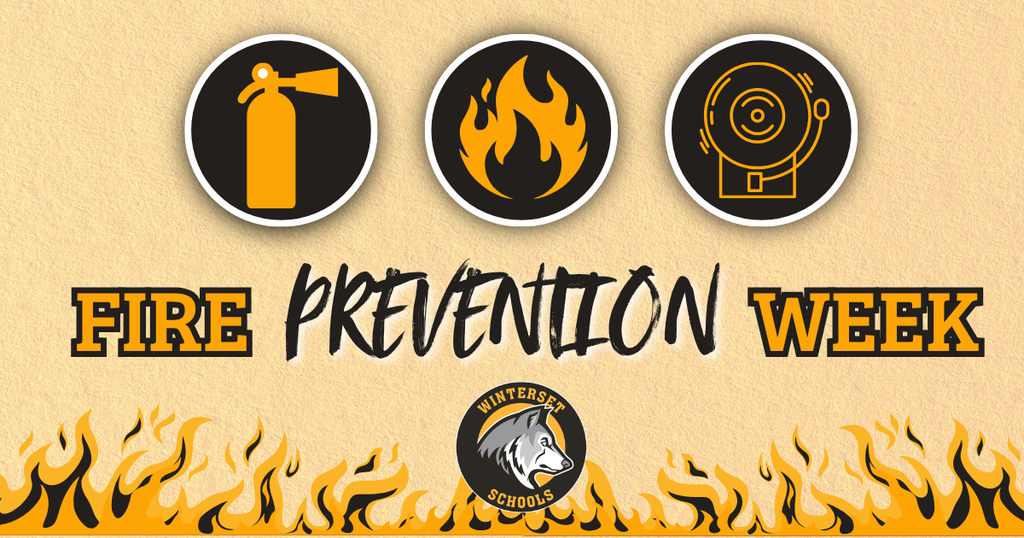 Fire Prevention Week graphic featuring three icons: fire extinguisher, flame, and smoke detector, on a yellow background with flames.