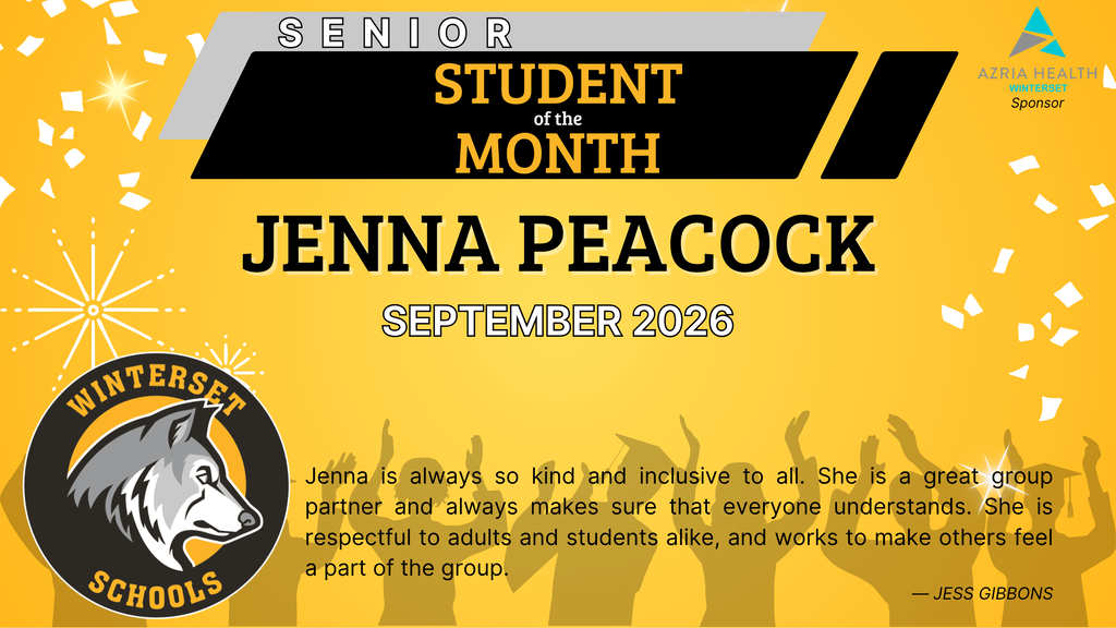 A yellow background with a school logo, name, and title. It reads "Jenna Peacock, Senior Student of the Month, September 2026."