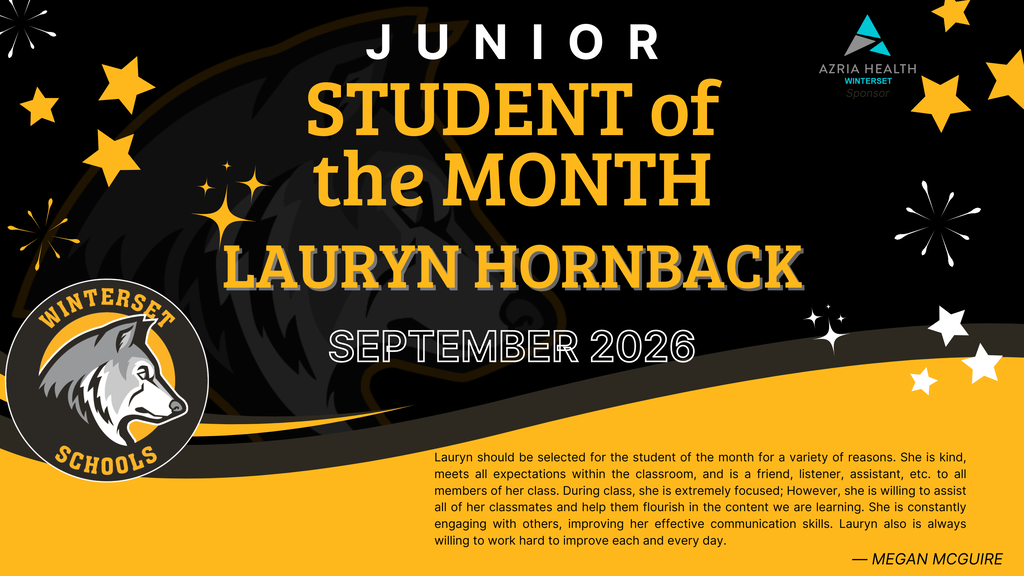 Banner with black background. It reads "Junior Student of the Month, Lauryn Hornback, September 2028". There is a wolf logo and stars.