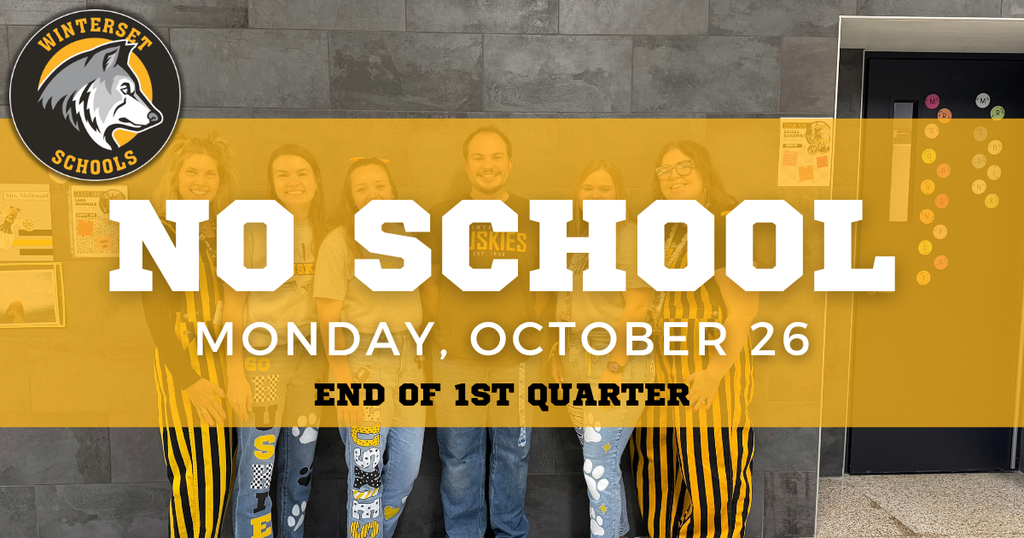 A group of people stand in front of a gray wall with the words "No School" and "Monday, October 26" on a yellow background.