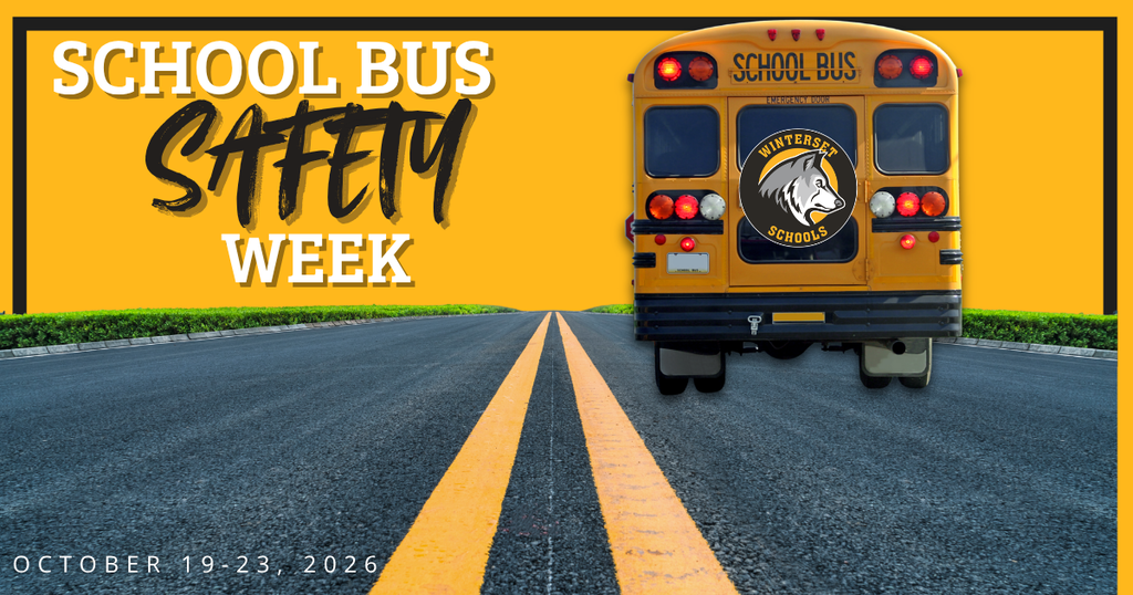 A yellow school bus drives down a road with double yellow lines. Text reads "School Bus Safety Week".