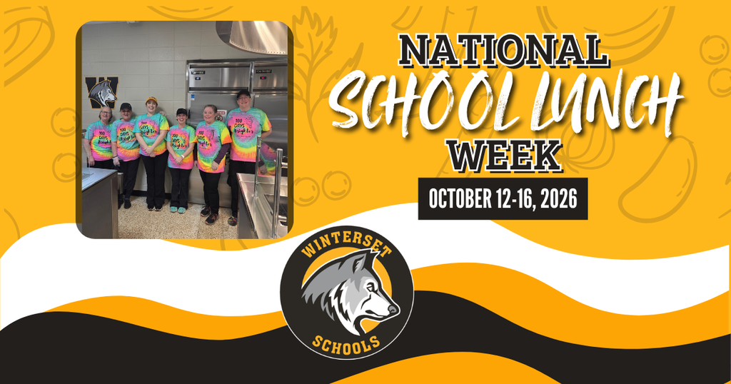 Group of students in tie-dye shirts standing in a kitchen. The banner reads "National School Lunch Week, October 12-16, 2015."