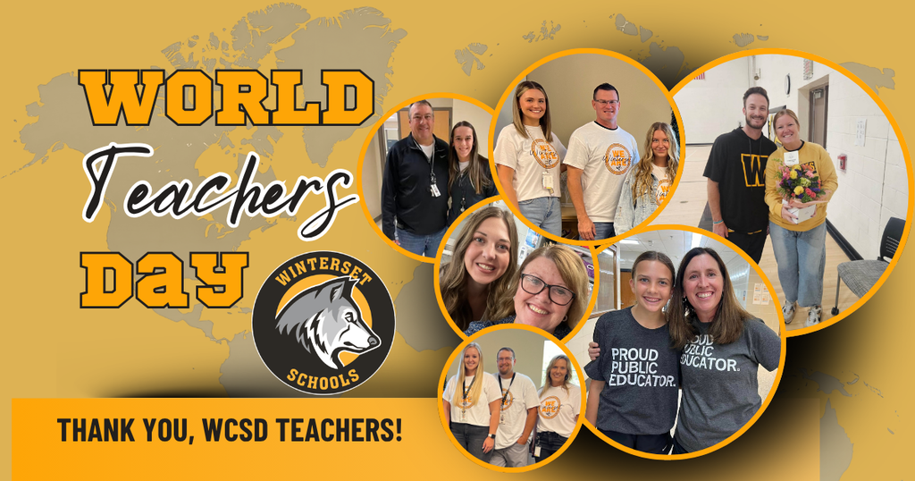 Yellow background with "World Teachers Day" text. Collage of photos of smiling teachers. "Thank you, WCSD teachers!" below.