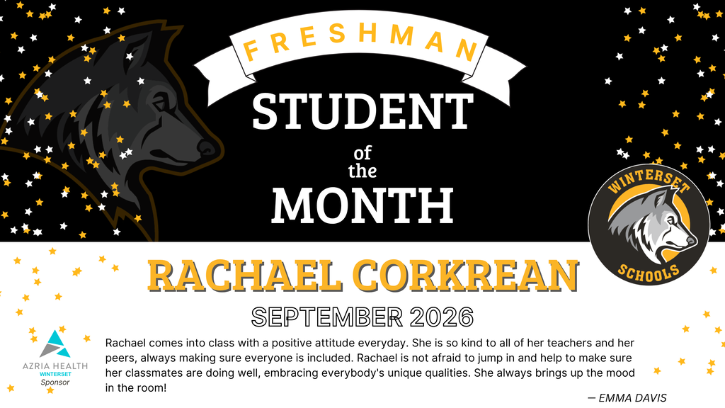Black and white poster with white and yellow dots. It reads "FRESHMAN STUDENT OF THE MONTH" above an image of a wolf.
