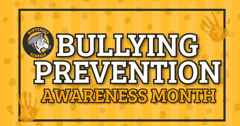 A yellow background displays the logo for a school. The words "Bullying Prevention Awareness Month" are in white.