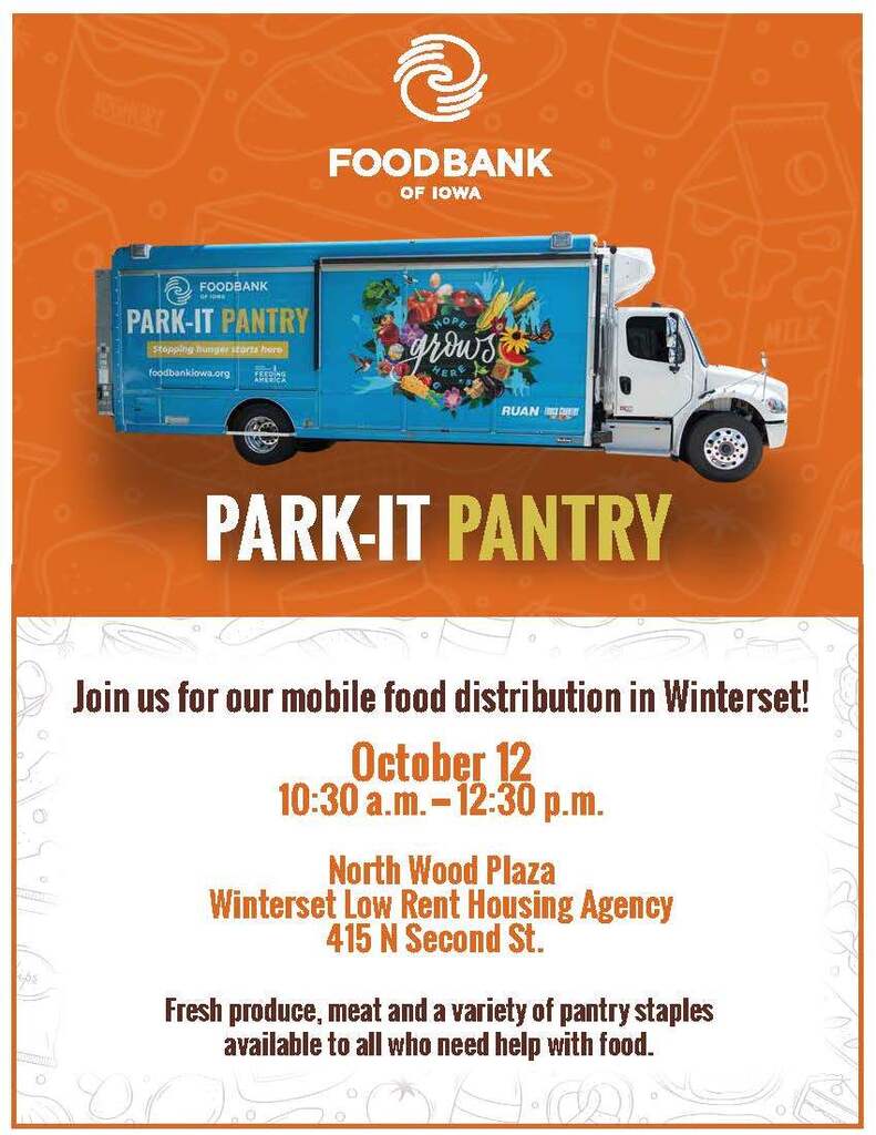 Orange poster with a blue food truck. Text reads: "Join us for our mobile food distribution in Winterset!" Details include date, time, and location.
