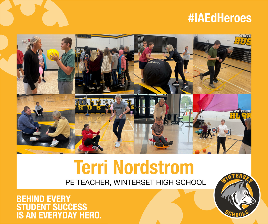 Collage of photos with people engaged in physical activities, including ball throwing, exercising, and playing. Caption reads "Terri Nordstrom PE Teacher, Winterset High School."