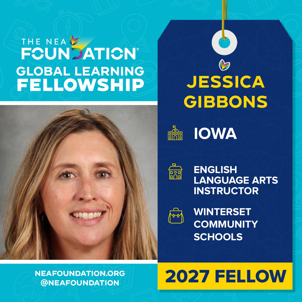 Blue and yellow design with Jessica Gibbons' photo. Jessica is an English language arts instructor from Iowa.