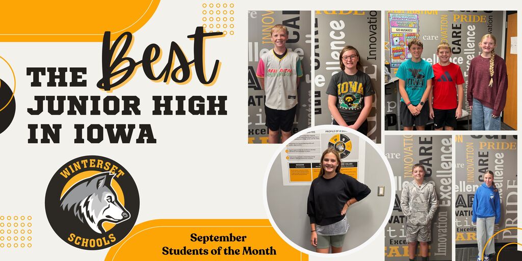 Collage of students with text. Center image shows a girl in black. Background features a wolf and text reading "Best Junior High in Iowa".