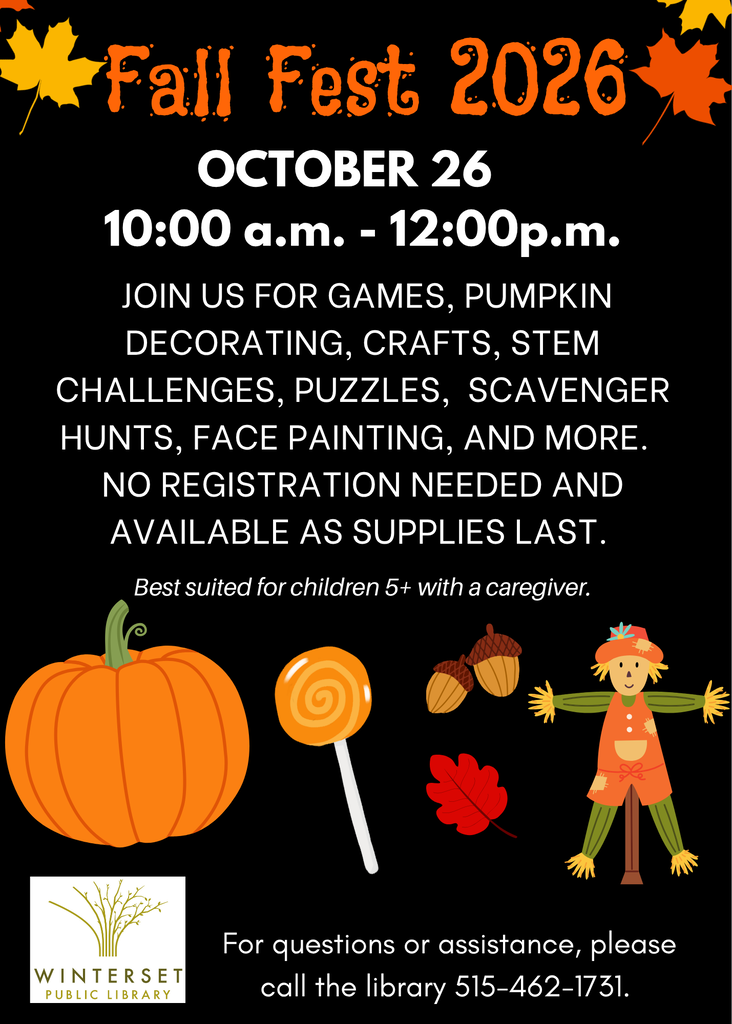 Black poster with white text and autumn leaves. It reads "Fall Fest 2026" and "October 26". Event details follow.