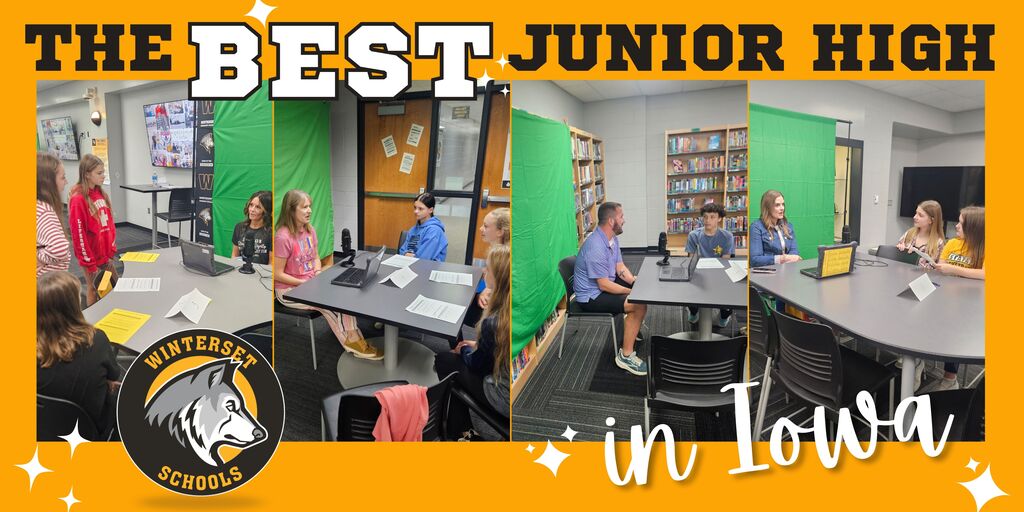 Three photos in a collage: students seated at tables in a classroom with green backdrops and a yellow border with text.