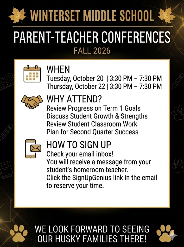Poster for Winterset Middle School's Parent-Teacher Conferences Fall 2026, dates and details for sign-up and meeting.