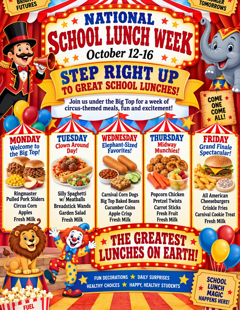 Flyer for National School Lunch Week, October 12-16. Features a circus-themed design with balloons, a lion, and an elephant.