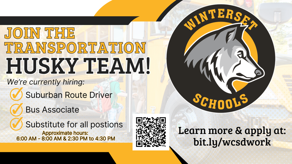 An advertisement with a wolf logo seeks drivers and bus associates for Winterset Schools. Contact details are provided.