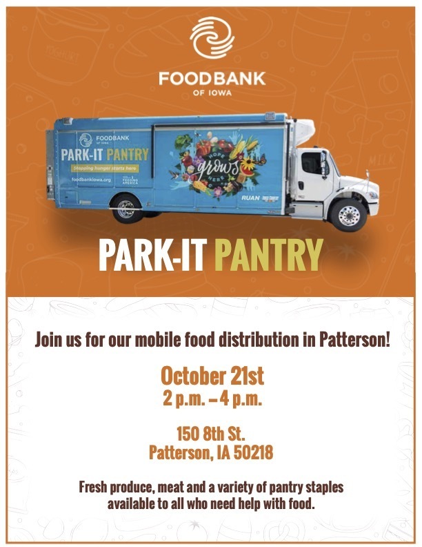 Advertisement for a food bank event. A truck with PARK-IT PANTRY on it. Date and location details are provided.