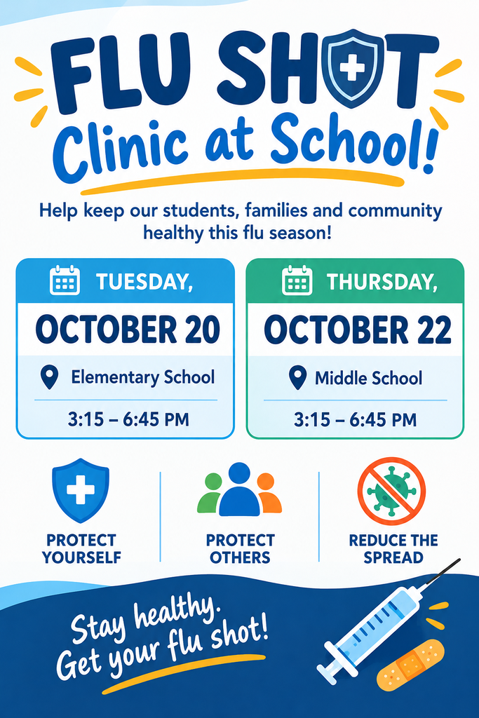 Poster advertising a flu shot clinic. Two dates, times, and locations. Icon of a syringe. Text: Stay healthy. Get your flu shot!