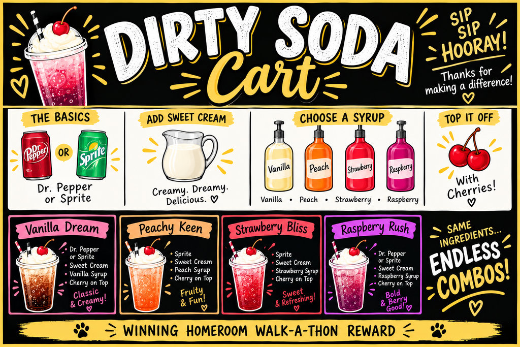 Blackboard background with text and illustrations of dirty sodas. A list of ingredients and flavor options.