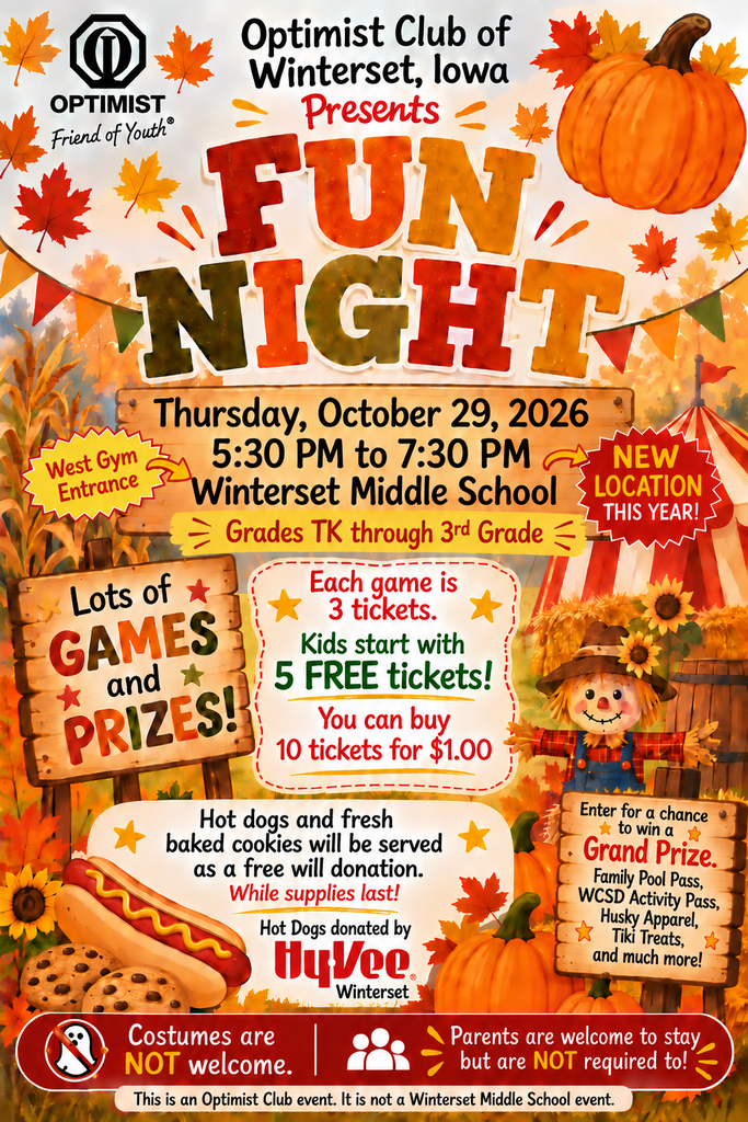 Event poster with "Fun Night" text. Pumpkins, autumn leaves, and a scarecrow. Games and prizes. Hot dogs and cookies.