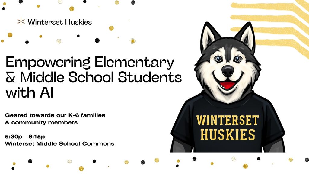 A smiling husky wearing a black t-shirt with white text reading WINTERSET HUSKIES. The background has gold and black dots.