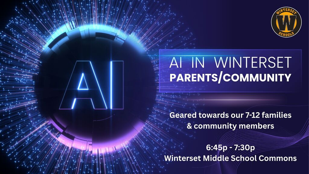 Blue and purple light background with large "AI" in white and a blue circle. Text reads "AI in Winterset Parents/Community" and times.