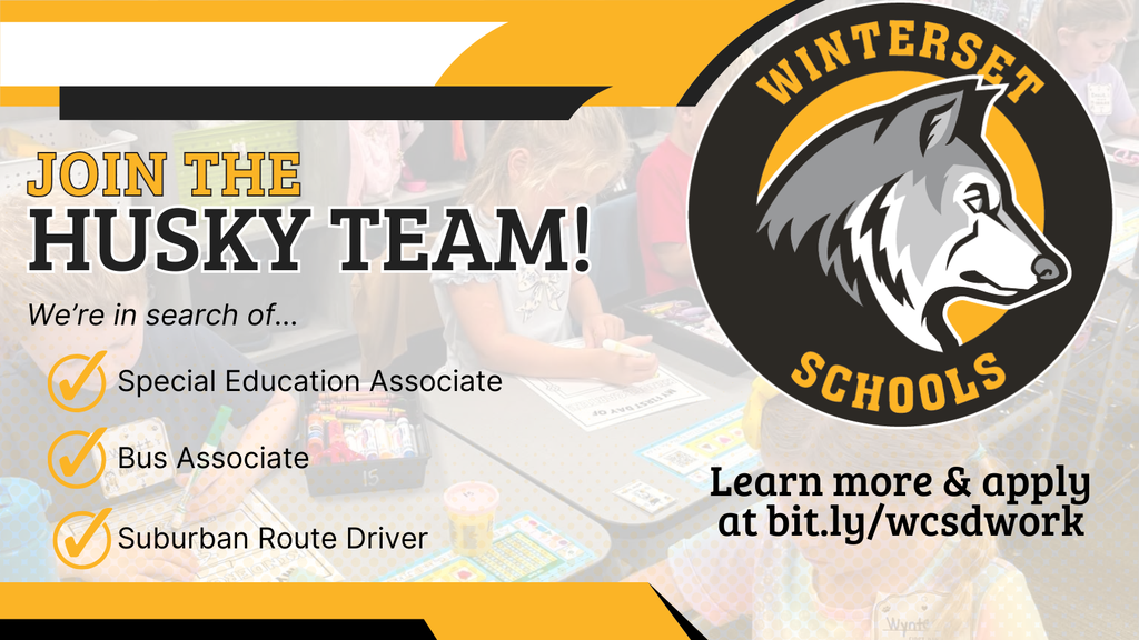 A graphic with text, "Join the Husky Team!" includes a logo and list of positions. A wolf logo is on a yellow circle.
