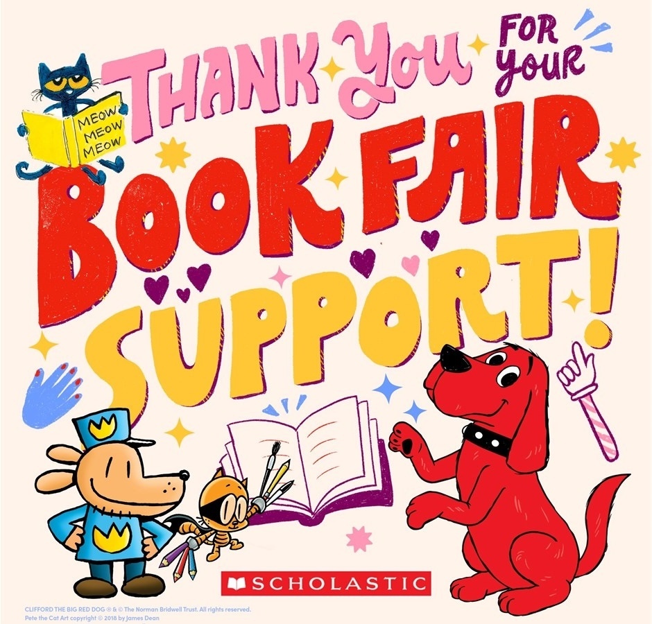 Poster thanking people for their support of a book fair with text and a drawing of a dog, cat, and book