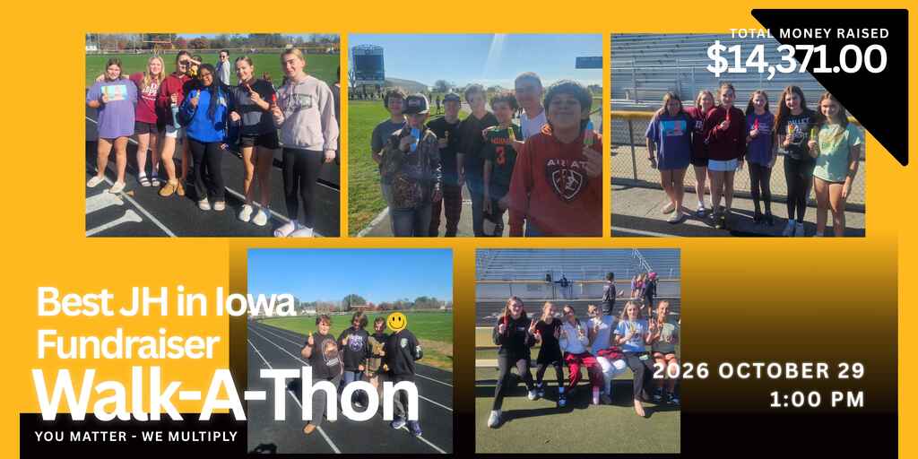 Four photos of students in athletic wear walking on a track. Text reads: Best JH in Iowa Fundraiser Walk-A-Thon 2626 October 29 1:00 PM.