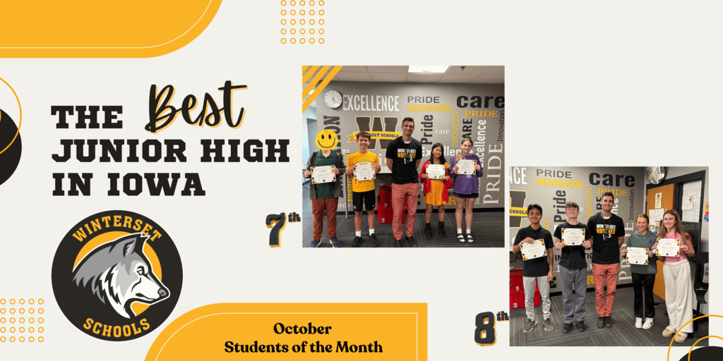 Multiple photos of students holding certificates. The background features a wolf logo and "THE BEST JUNIOR HIGH IN IOWA" text.
