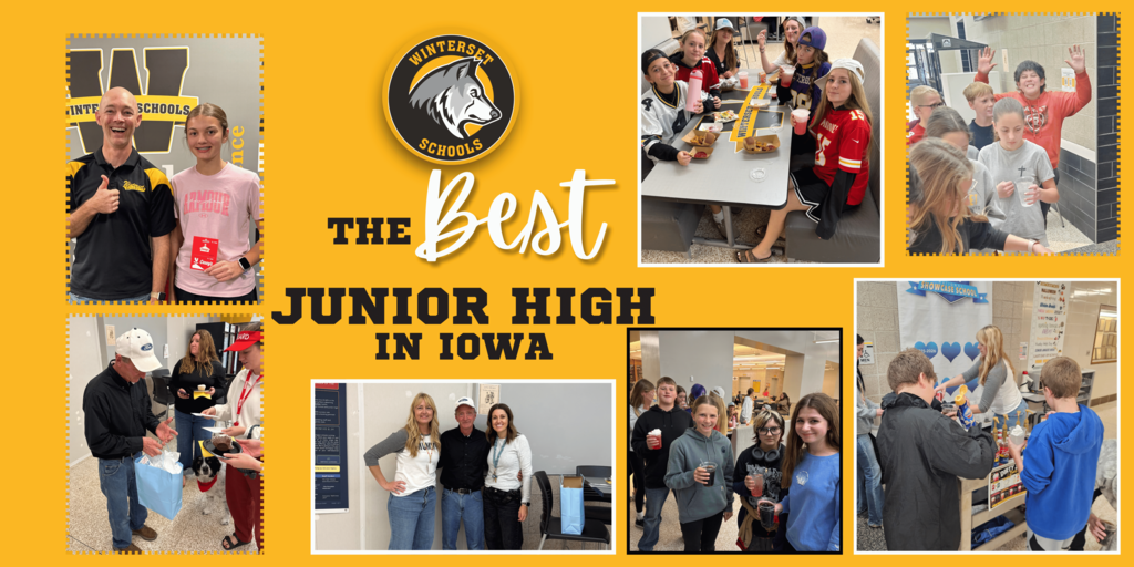 Collage of students and teachers in a school setting, with some holding food and cups, and a school logo.