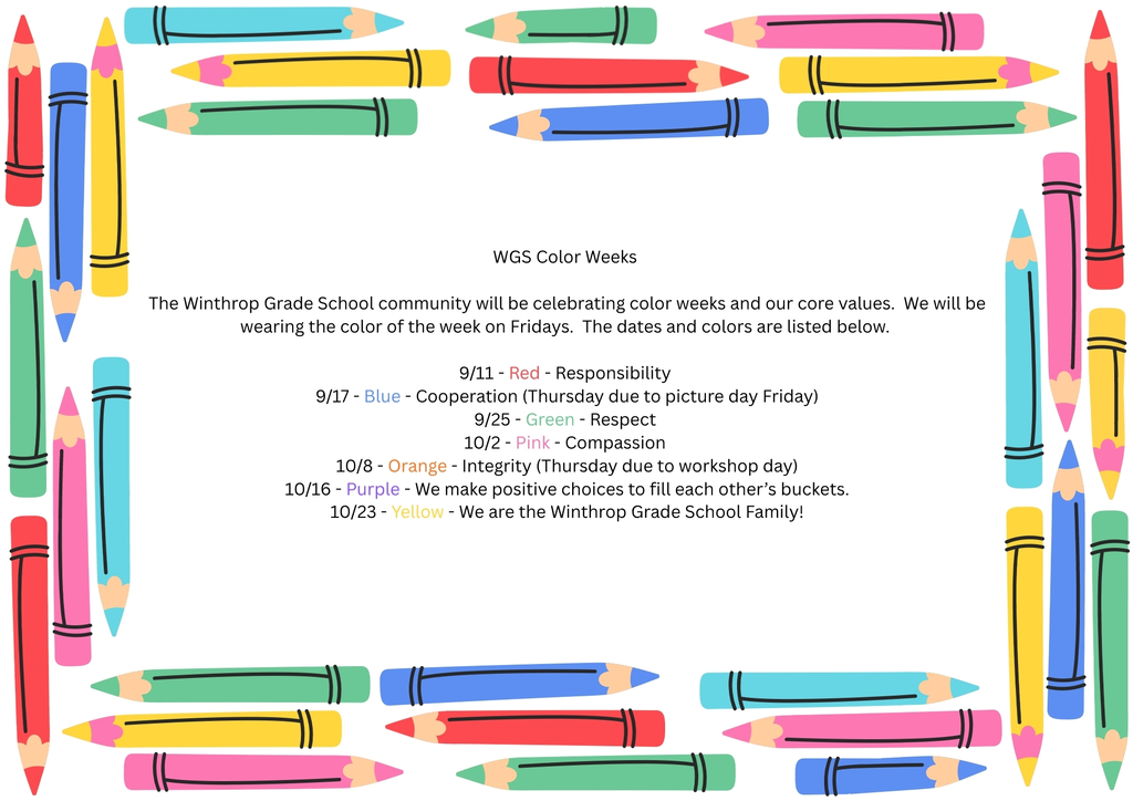 WGS Color Week Flyer 9/11 Red, 9/17 Blue, 9/25 Green, 10/2 Pink, 10/8 Orange, 10/16 Purple, 10/23 Yellow
