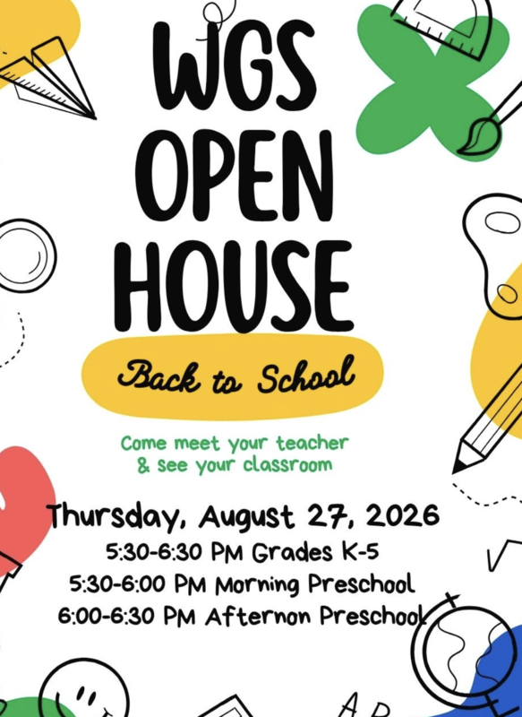 flier about Open house being on 8/27/26 with Pk-5 5:30-6:30 