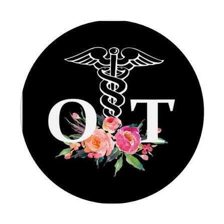 A large version of the circular black badge from Amazon.com featuring the OT lettering, the white Caduceus symbol, and the colorful floral arrangement.