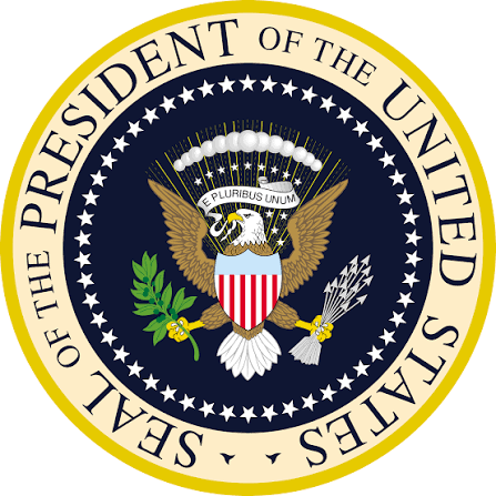 The Seal of the President of the United States serves as the official coat of arms for the U.S. presidency. It is directly based on the Great Seal of the United States and features several symbolic elements: Core Elements and Symbolism The Bald Eagle: Positioned at the center, the American bald eagle holds a scroll in its beak with the official national motto, "E Pluribus Unum" ("Out of many, one"). The Olive Branch (Peace): In its right (dexter) talon, the eagle holds an olive branch featuring 13 leaves and 13 olives, symbolizing the nation's preference for peace. Since President Harry S. Truman revised the seal in 1945, the eagle's head always faces toward the olive branch. The Arrows (Defense): In its left (sinister) talon, the eagle holds 13 arrows, symbolizing the readiness to defend the nation. The Escutcheon (Shield): On the eagle's breast is a shield featuring 13 red and white vertical stripes under a solid blue chief (top bar), representing the original thirteen colonies unified under Congress. The Crest (Glory): Above the eagle’s head is a "glory" (a puff of clouds) containing 13 white stars arranged in a constellation pattern, encircled by rays of light. Outer Ring of Stars: Surrounding the central coat of arms is a ring of 50 white stars, representing each state in the Union. (Note: Executive orders specify that a star is added whenever a new state enters the Union). Text Inscription: The outer border features the words "SEAL OF THE PRESIDENT OF THE UNITED STATES" in capital letter