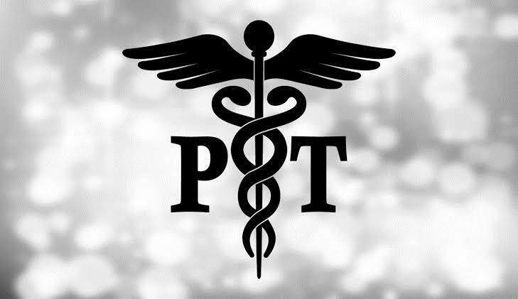 A black-and-white vector graphic showing a traditional medical Caduceus (a staff entwined with two snakes and topped with wings) flanked by the bold letters P and