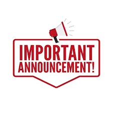 The picture displayed in the modal overlay features a graphic graphic with a white background and red elements: Central Text: Prominently reads "IMPORTANT ANNOUNCEMENT!" in all-caps, bold red lettering inside a red rectangular border with extended decorative corners. Iconography: Above the text, there is a red and white megaphone (bullhorn) slanted to the right, emitting gray sound/broadcast waves, symbolizing an announcement or broadcas