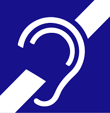 A stylized white outline of an ear with a diagonal slash through it, set against a solid blue square background