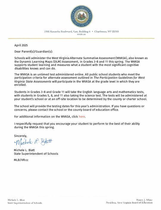 Letter from WVDE Regarding Annual Testing