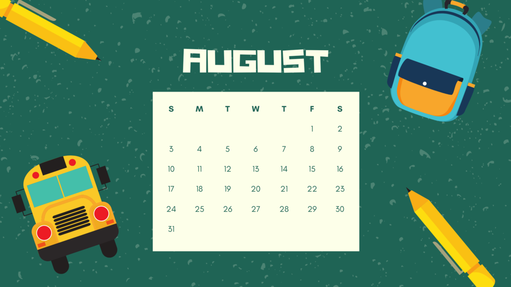 August 2025 Calendar with Bus Pencils and Backpack