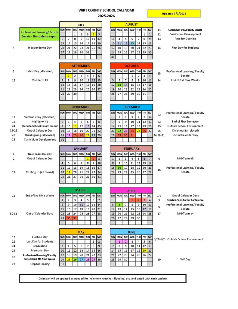 2025 2026 Wirt County School Calendar image