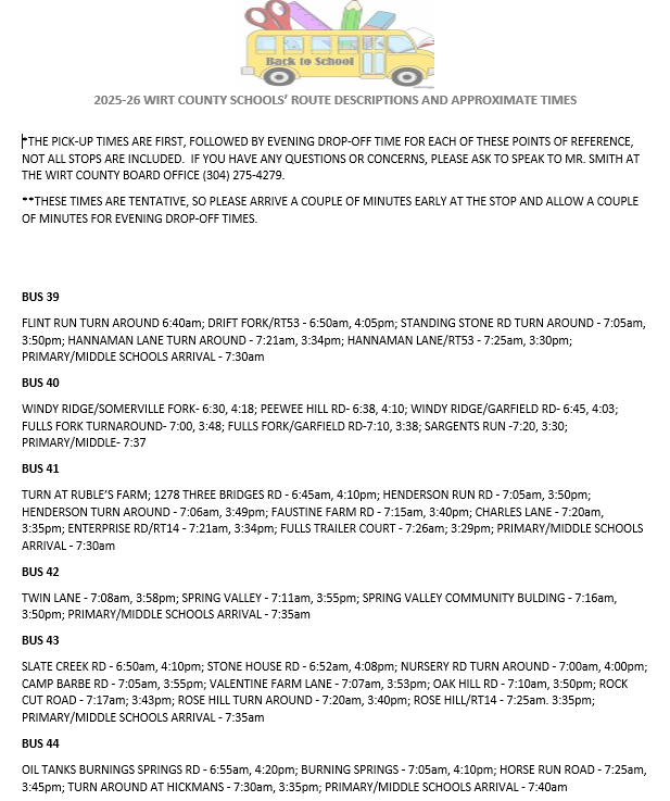 2025 - 2026 Bus Routes for Wirt County Schools