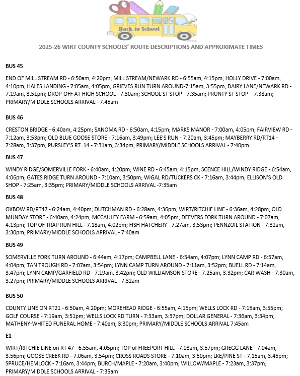 2025 - 2026 Bus Routes for Wirt County Schools