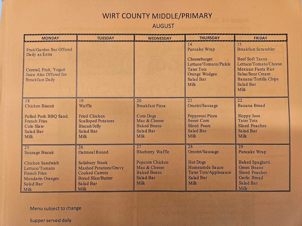 August Lunch Menu
